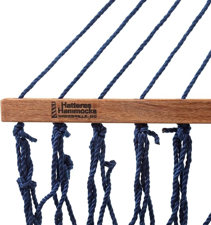 Hatteras Hammocks Deluxe Navy Duracord Rope Hammock with Free Extension Chains &amp Tree Hooks Handcrafted in The USA 450 LB Weight Capacity 13 ft. x 60 in