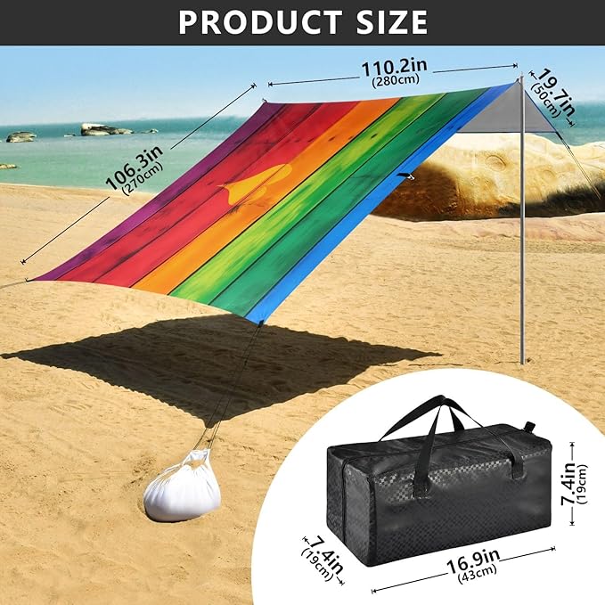 Rainbow Heart WoodCamping Sun Shelters 9.2 x 10.5 FT Beach Canopy Tent Sun Shade with Carrying Bag for Camping Trips Fishing Backyard Fun or Picnics 21341614