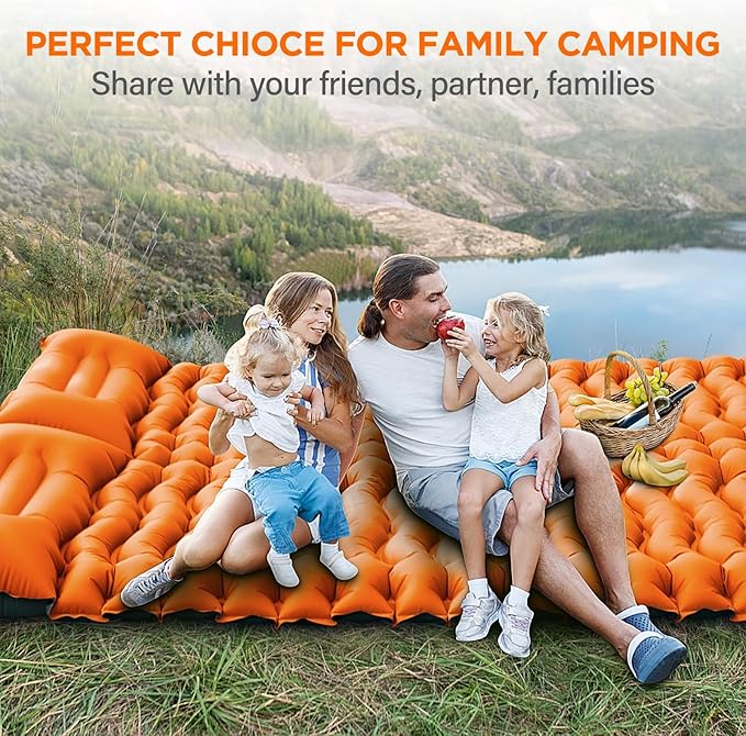 Double Sleeping Pad for Camping 4 Extra Thick Self-Inflating Air Mattress - 2 Person Inflatable Camping Mat with Built-in Foot Pump &amp Pillow Backpacking Hiking Tent Travel-Orange