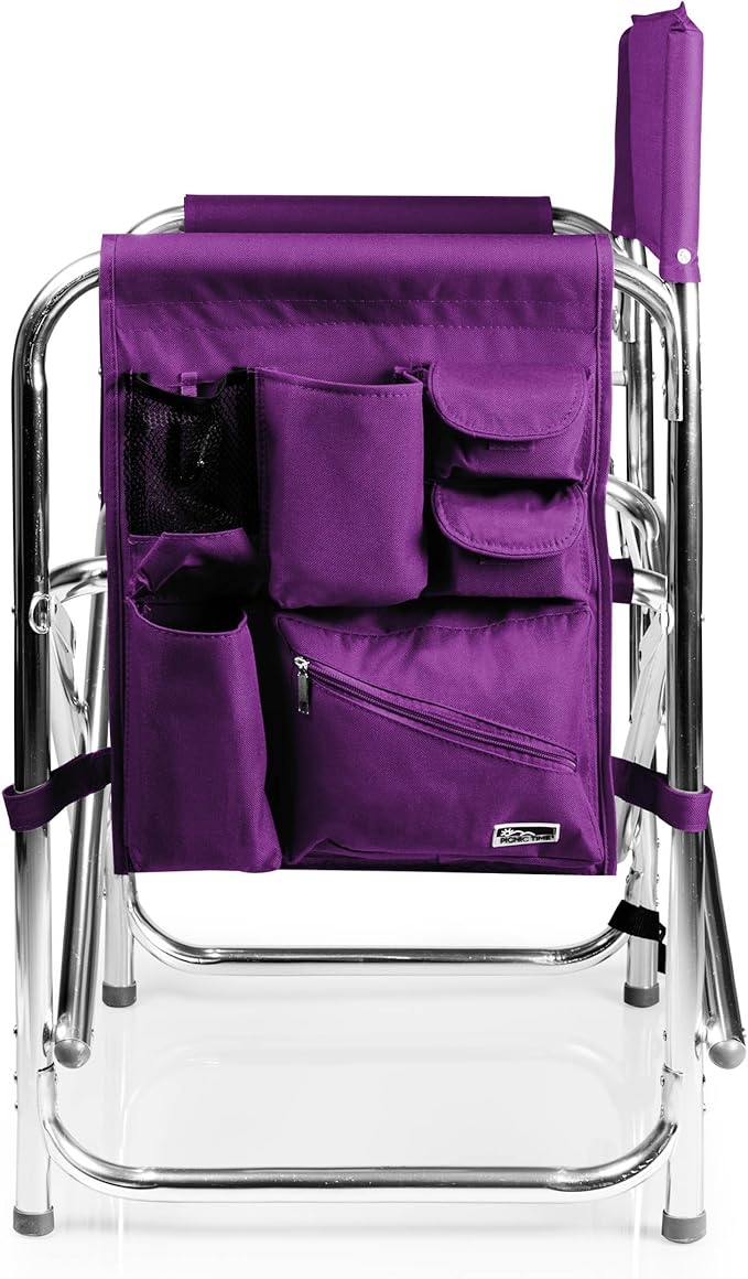 PICNIC TIME Sports Chair with Side Table and Armrest Caddy Lightweight Aluminum Folding Outdoor Camping Chair for Adults Portable Director Style Lawn Seating with Pockets &amp Carry Strap (Purple)