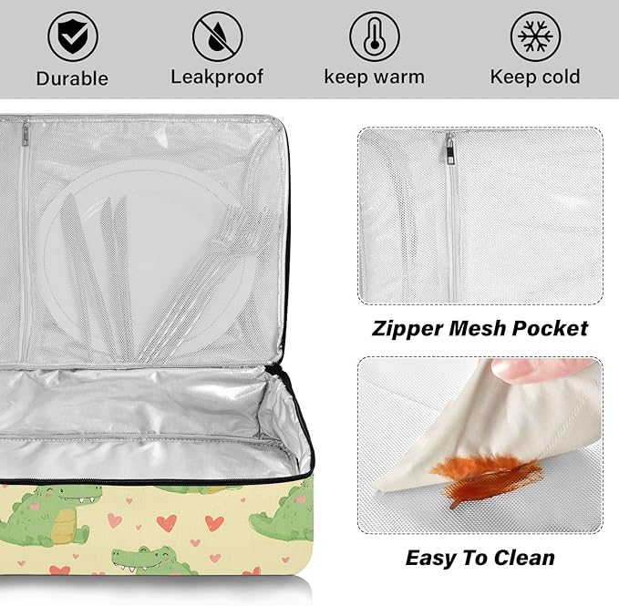 Casserole Carrier Adorable Pattern Cute Crocodiles PrintInsulated Casserole Carrier for Hot or Cold Food Thermal Lunch Tote for Potluck Parties Picnic Beach Fits 9 x 13 Inches Baking Dish