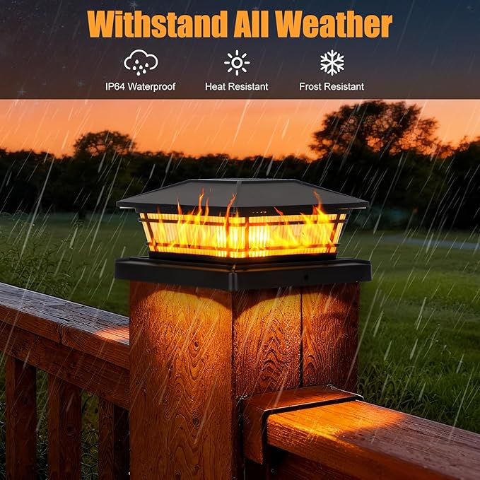 Flame Solar Post Cap Lights Flickering Flame &amp Warm Light Solar Deck Post Lights Waterproof Fence Post Lights for Garden Yard Porch Patio for 4x4 5x5 6x6 Vinyl/Wooden Posts 4 Pack Black