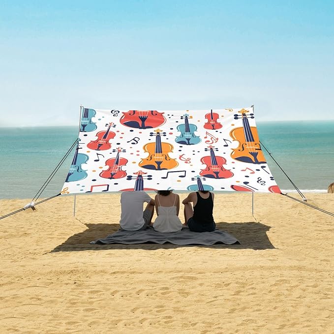 Colorful Seamless Pattern with Violins and Notes Camping Sun Shelter Beach Tent Portable Beach Sun Shade Outdoor Canopy for Camping Trips Fishing Picnic