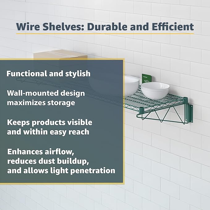 14 x 24 Wire Green Epoxy Wall Mount Shelf Commercial Fixed Wall Mount Rack NSF Metal Floating Shelving for Kitchen Stock Rooms Home and Hotel