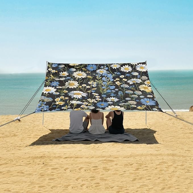 Blue White Flowers Beach Tent Sun Shelter 9.2' x 10.5' Beach Canopy with 4 Sandbags 4 Stability Poles Sand Shovels - Tent Canopy for Beach Camping Fishing Picnics