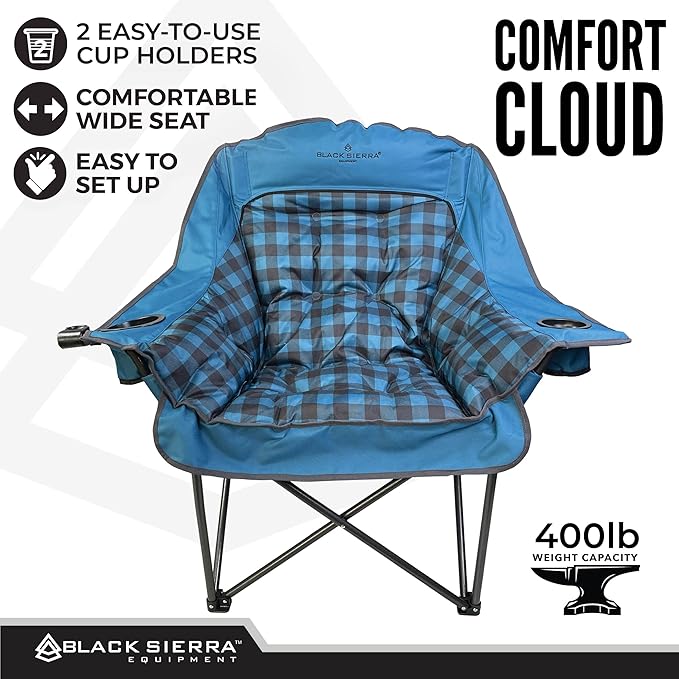 Black Sierra Oversized Camping Chair for Adults – 400 lb Heavy Duty Folding Chair with Cup Holders &amp Carry Bag