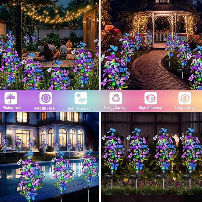 Solar Garden Lights Outdoor Waterproof 4 Pack Solar Butterfly Lights with 60 LED 12 Butterfly Colorful Lighting for Garden Yard Lawn Outdoor Decor Gift for Mom Women Mother's Day