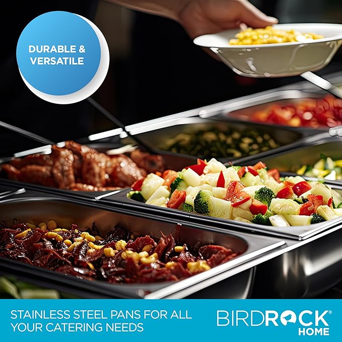 BIRDROCK HOME Stainless Steel Steam Table Pan - Hotel Restaurant &amp Catering Supplies - 24 Gauge Steel 1.8 qt Capacity - Meal Prep Cooking &amp Food Storage Container - 4 Depth 1/6-Size (6 P