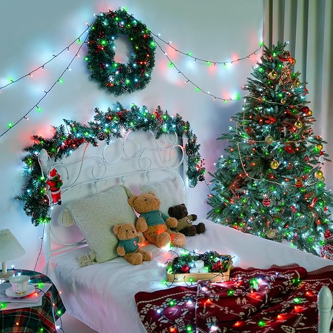 JMEXSUSS 400 LED Red White and Green Christmas Lights 132ft Christmas Tree Lights with Remote Outdoor Indoor String Light Plug in for Tree Patio House Yard Bush Decor