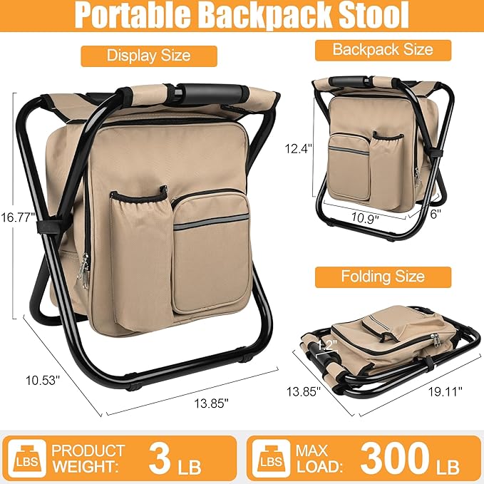 Kikerike Backpack Stool Cooler Chair Heavy Duty 300 LBS Max Load Portable Lightweight Stool Backpack Folding Fishing Cooler Seat for Camping Hunting Fishing - Sand