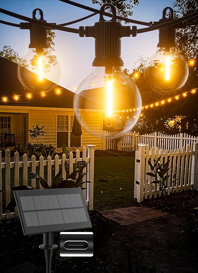 Solar String Lights Outdoor Waterproof 100FT with USB Port and 52 Shatterproof G40 Bulbs(2 Spare) LED Solar Powered Patio Lights for Outside Porch Backyard Gazebo Garden(Warm White)