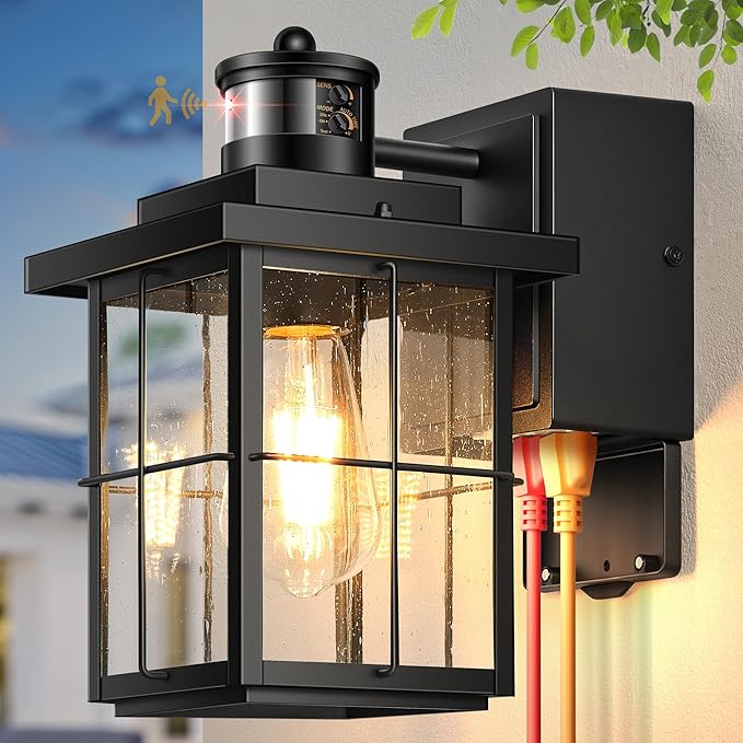 Gleamz Motion Sensor Outdoor Wall Light Black Porch Light with GFCI Outlet Waterproof Outdoor Light Fixture with Outlet Front Door Light with Seeded Glass Exterior Wall Lantern for Garage Patio