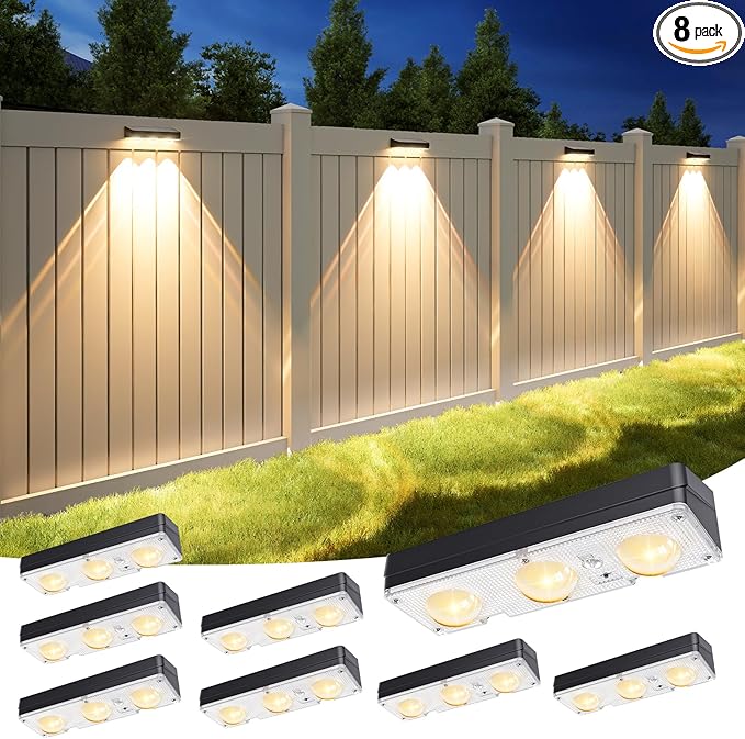 APONUO Solar Fence Lights Outdoor Waterproof Fence Lights Solar Powered 12 RGB Color Modes &amp Warm White &amp Cool White Fence Solar Light Outdoor for Backyard Patio Wall Deck Yard（8 Pack