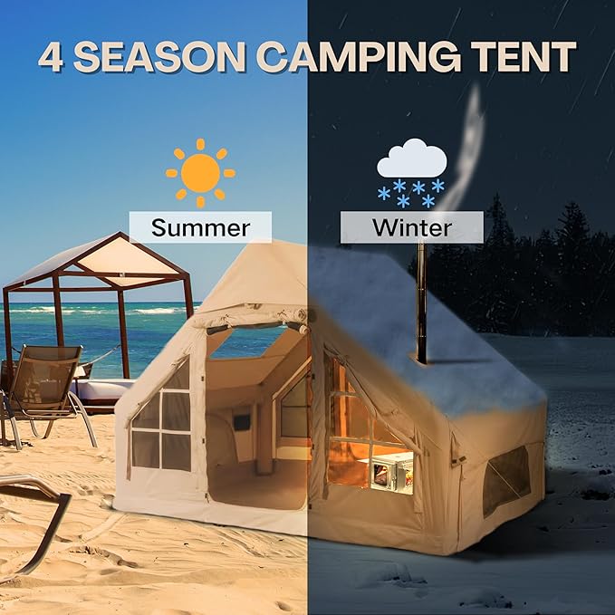 Inflatable Tent Outdoor Easy Setup Inflatable Tents for Camping Portable Blow Up Tent with Stove Jack Cotton Canvas Material for Glamping for 4 Season 4/6/8/10 Person Use