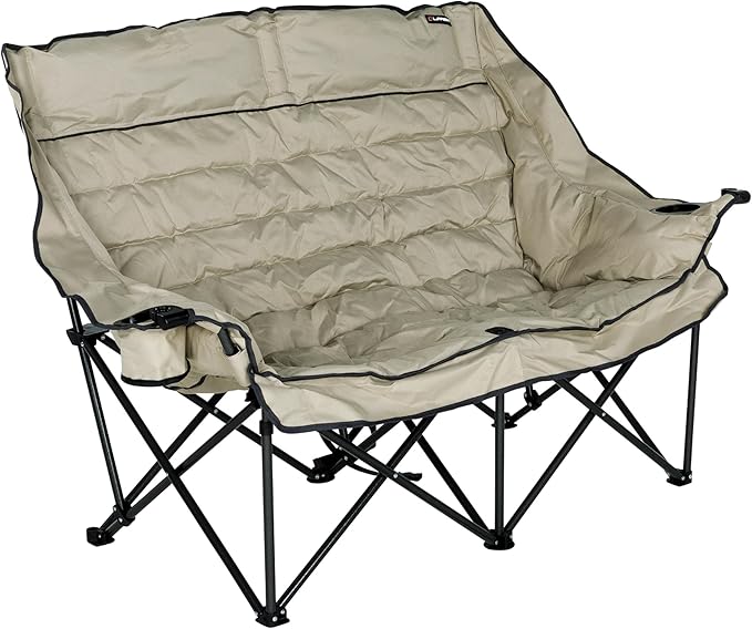 Lippert Big Bear Sand Folding Camping Loveseat with 500-lb. Weight Capacity Durable Mesh Fabrics High-Loft Cushioning Dual Cupholders Storage Pocket Zippered Carrying Bag - 2023053718