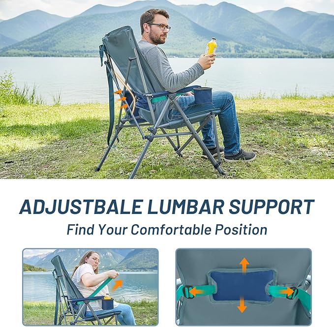 TIMBER RIDGE Oversized Camping Chair with Lumbar Support Portable Folding Chair Heavy Duty for Adults Supports 450 LBS for Outdoor Camping Lawn with High Back Cup Holder Side Pocket Blue