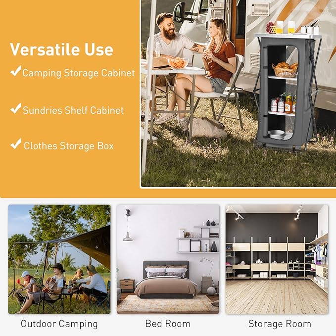 Goplus Folding Camping Storage Cabinet Pop Up Outdoor Camping Kitchen Station with Large 3-Tier Storage Organizer Carry Bag Easy Set Up Portable Compact Camping Table for BBQ Picnic Backyard (47'')