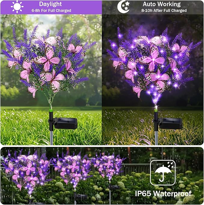 Solar Garden Lights Outdoor 4 Pack Purple Lavender Solar Butterfly Lights Gardening Gifts for WomenArtificial Flowers Light Purple Halloween Garden Decor for Patio Yard Lawn Christmas