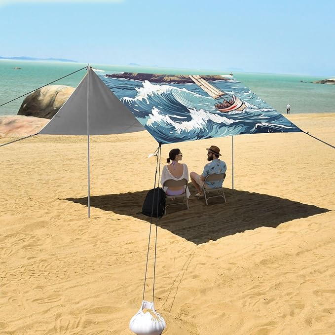Camping Sun Shelters Sailboat in The Sea Wave and Lighthouse Beach Canopy 126 * 110.2in