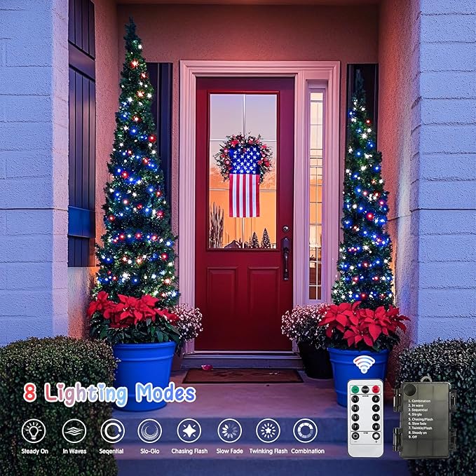 JMEXSUSS Red White and Blue Lights Outdoor Indoor 2 Pack 100 LED 4th of July String Lights Battery Operated Waterproof for Patriotic Decoration Outside House Garden Tree