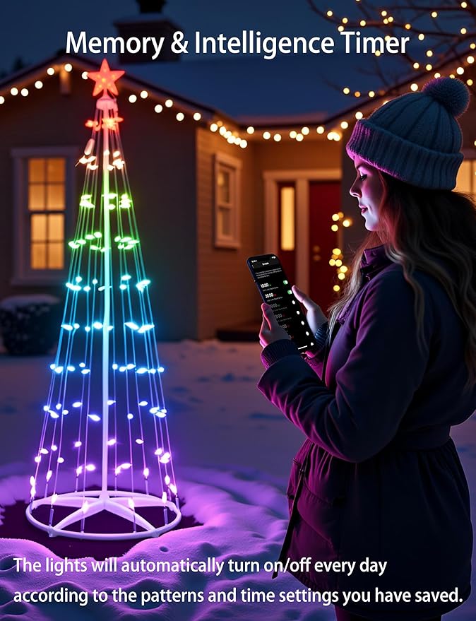 7ft Smart RGB Outside Christmas Tree Lights App Remote-Controlled C6 Shaped Christmas Light Cone Tree with Music Sync 57 Lighting Effects + DIY Mode Easy install Outdoor Xmas New Year Yard Decor