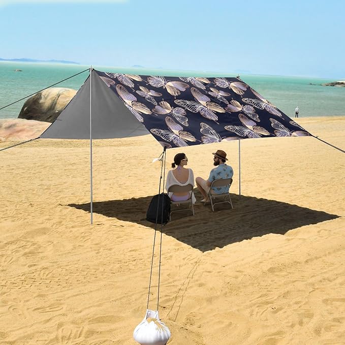Camping Sun Shelters Decorative Purple and Golden Butterflies Beach Canopy 126 * 110.2in