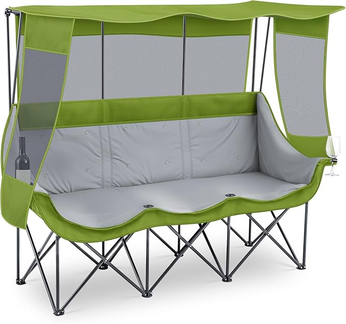 3 Person Camping Chair with Canopy Shade 700lbs Heavy Duty Oversized Beach Camping Chair with Thick Cushion Cup Holder and Carry Bag Foldable Portable Sofa for Lawn Beach Outdoor(Green)