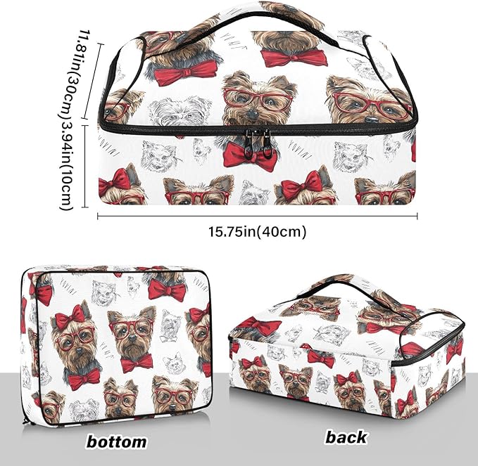 Casserole Carrier Red Glasses and Bow DogInsulated Casserole Carrier for Hot or Cold Food Thermal Lunch Tote for Potluck Parties Picnic Beach Fits 9 x 13 Inches Baking Dish