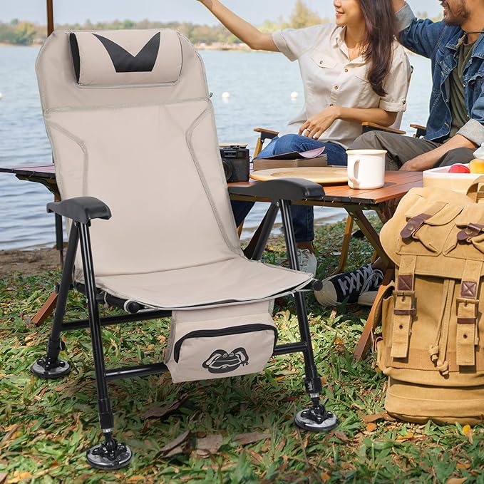 Folding Camping Chair Outdoor Fishing Chair for Adults Outdoor Folding Chair with Storage Bag Backpack Beach Chair with Oxford Cloth Adjustable Oversized Lawn Chair Khaki