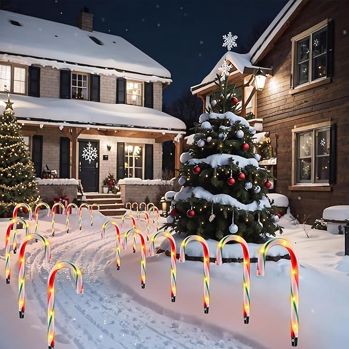 10 Christmas Candy Cane Lights - Set of 10 Pathway Markers Christmas Outdoor Yard Decorations Xmas Candy Canes Stake Lights for Lawn Walkway Garden Xmas Party Indoor Ornaments