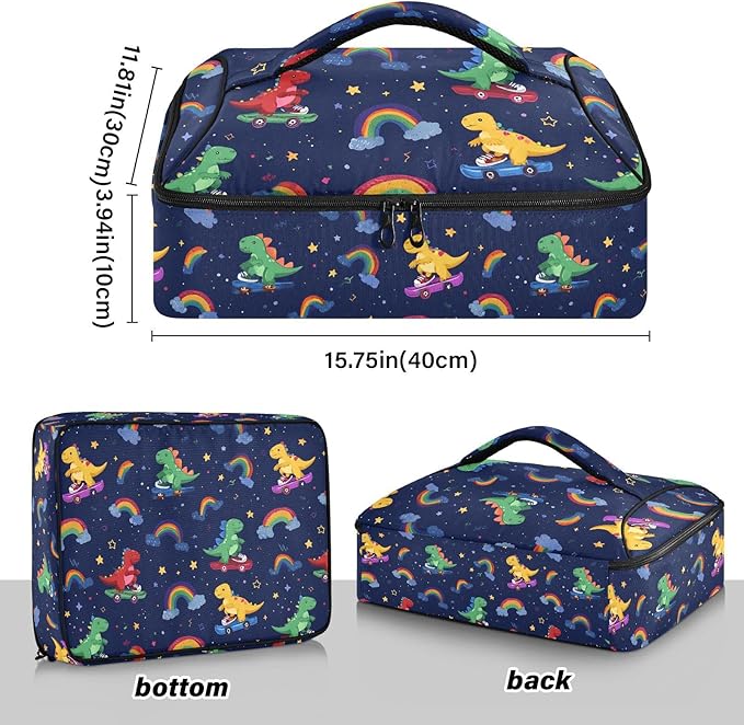 Casserole Carrier Cute Dinosaurs Riding SkateboardsInsulated Casserole Carrier for Hot or Cold Food Thermal Lunch Tote for Potluck Parties Picnic Beach Fits 9 x 13 Inches Baking Dish