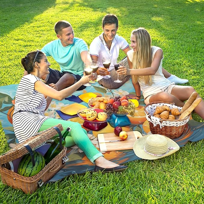 Waterproof Sandproof Beach Blanket 59''×68'' Fruit Orange Polyester Outdoor Picnic Blanket with 4 Stakes &amp Storage Bag for BeachCampingVacation Golden Yellow