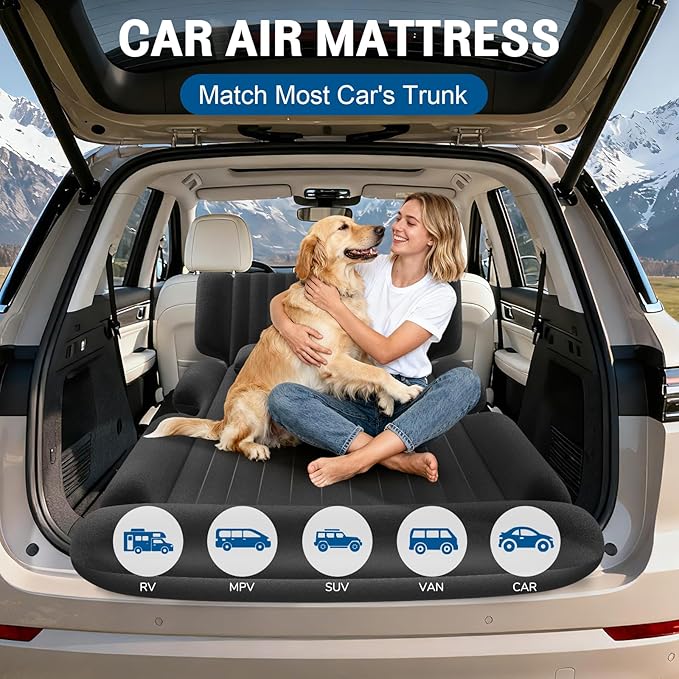 SUV Air Mattress - Thickened Car Air Mattress with Electric Pump Portable Inflatable Car Bed with 2 Pillows Camping Mattress Back Seat for SUV Trunk Travel Home (Black)