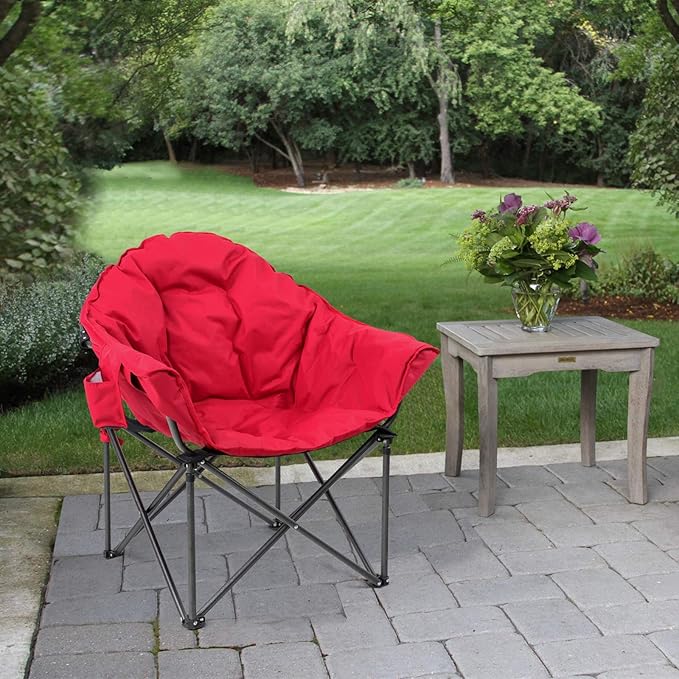 LET'S CAMP Heavy-Duty Oversize Camping Chair Round Moon Saucer Chair Padded with Cup Holder and Carry Bag Folding Chair2 PackRed