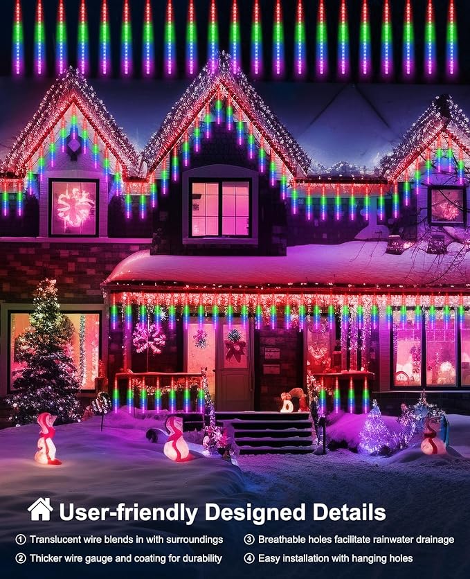 Christmas Meteor Shower Lights 20 in 20 Tube Automatic Changing Cascading Rain Lights with 12 Modes Waterproof Outdoor Xmas Decor for House Yard Wedding Party