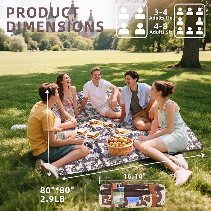 Double Thickened Picnic Blanket 80x80 Inches White Fish Pattern Cotton Filled Portable Foldable with Leather Carry Strap Beach and Camping