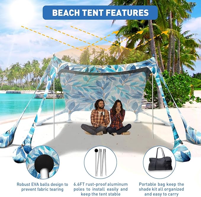 Beach Tent Sun Shelter 10x10ft Beach Canopy Easy Pop Up Sun Shade Portable UPF50+ with 8 Sandbags-2 Sand Shovel-4 Aluminum Poles-Ground Pegs for Outdoor Family Camping Fishing Backyard Picnic
