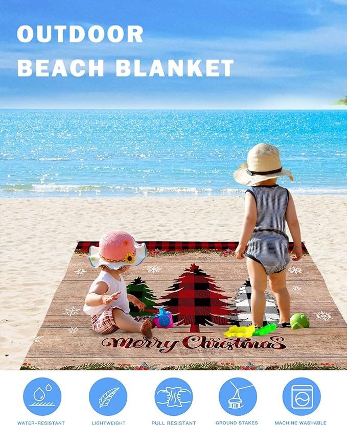 Beach Blanket Waterproof Sandproof OversizedWinter Christmas Buffalo Lattice Tree Beach Mat with Corner Stakes Sand PocketsWooden Grain Outdoor Picnic Mat for Travel Camping Hiking 95x80In