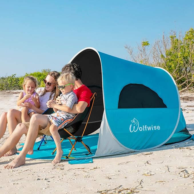 Wolfwise Pop up Beach Tent Sun Shelter with UPF50+ UV Protection Instant Easy Setup Popup Beach Shade Canopy for 3 Person Portable &amp Foldable with Carring Bag 87 ×57×47 in Black Coating