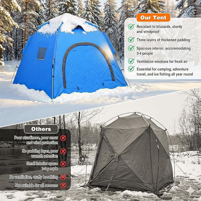Pop-up Camping Tent Winter Insulated Tent Windproof and Snowproof 4 Season Tents for Camping Ice Fishing Parties Adventure and Hiking Portable 4-6 Person TentBlue