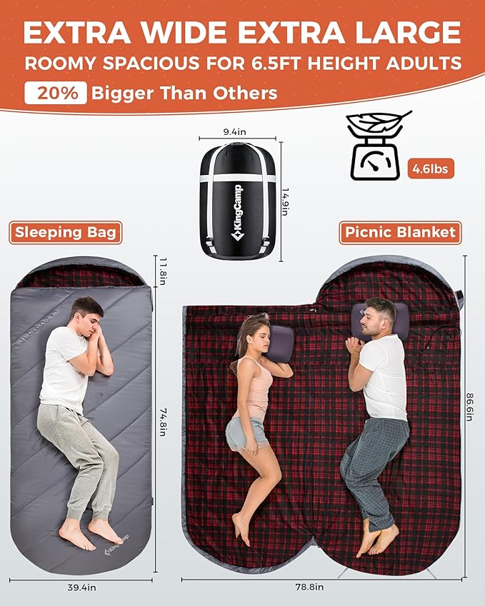 KingCamp Sleeping Bag for Adults Cold Weather &amp Warm Extra Wide Big &amp Tall XL Portable Waterproof Flannel Sleeping Bags Essentials Gear Accessories for Camping Backpacking Hiking Indoor &amp