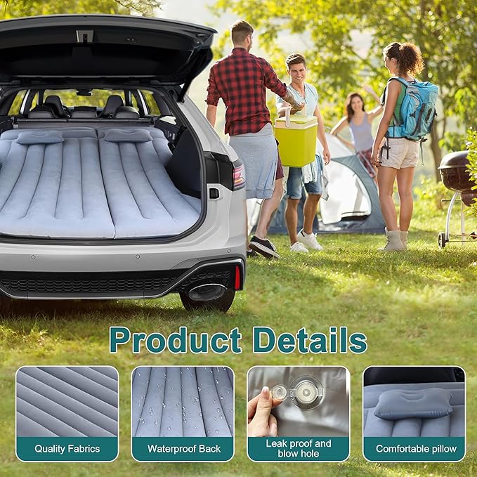 Car Air Mattress Inflatable Bed Compatible with Tesla Model Y Thickened Flocking Camping Air Bed with Air Pump 2 Pillows 2 Piers Car Sleeping Pad for Tent Outdoor and Travel