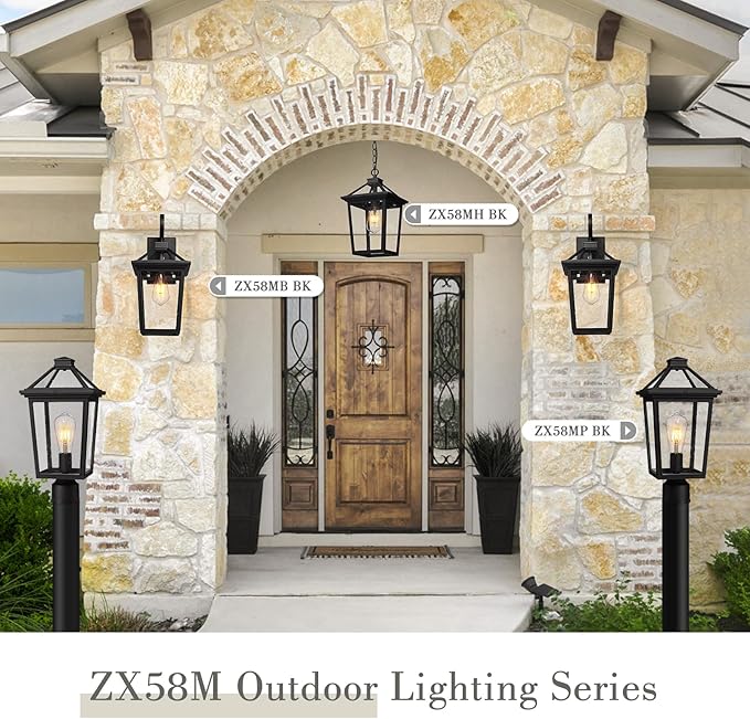 zeyu 18 Inch Outside Light Fixture Exterior Wall Lighting Fixture for House Porch Die-Cast Aluminum with Seeded Glass Black Finish ZX58MB BK