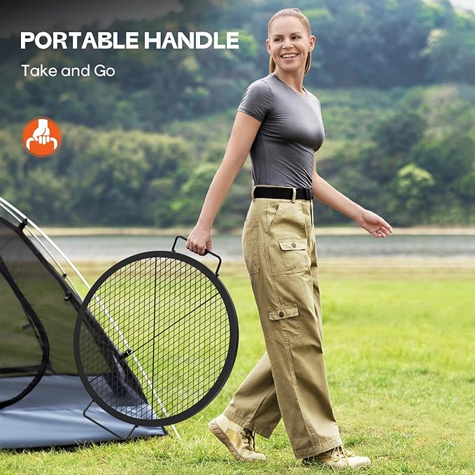 onlyfire Round Fire Pit Grill Grate Heavy-Duty Steel Cooking Grate with X-Marks Design Portable Campfire Grill for Outdoor BBQ Camping Picnics - 24 Inch