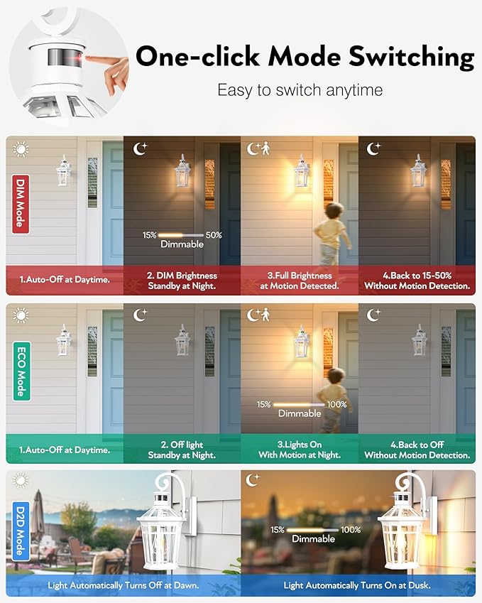 Motion Sensor Outdoor Wall Lantern White Outdoor Lighting Fixtures Wall Mount Dusk to Dawn Exterior Sconce Lights with Beveled Glass Waterproof Exterior Front Porch Lights for Garage Coach