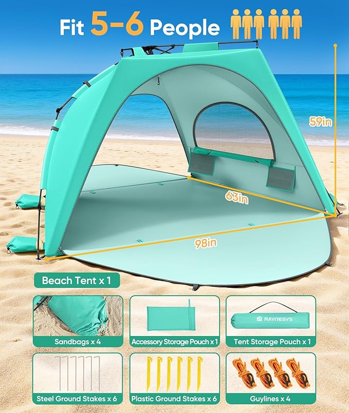 Beach Tent Sun Shelter for 5-6 Person Pop Up Beach Canopy UPF 30+ UV Protection Breathable Mesh Window Portable Sun Shade Tent with Carrying Bag for Sands &amp Outdoor Mint Green Size XL