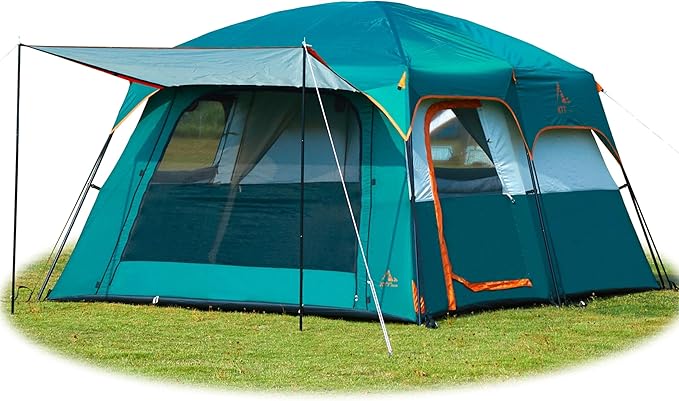 KTT Extra Large Tent 10-12-14 Person(Style-B)Family Cabin Tents2 Rooms3 Doors and 3 Windows with MeshStraight WallWaterproofDouble LayerBig Tent for OutdoorPicnicCampingFamily Gathering