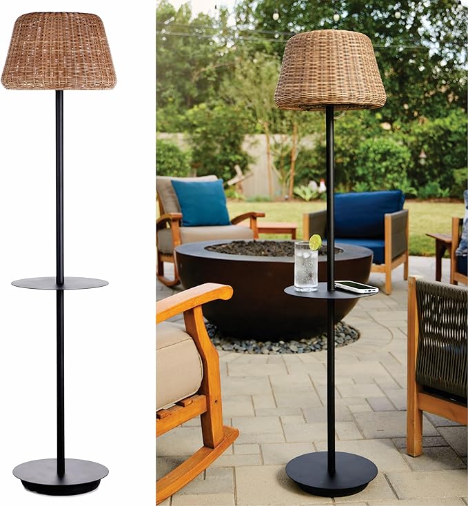 B&ampR Lighting Solar Outdoor Floor Lamp with Table - Cordless Outdoor Floor Lamp - Patio Porch Garden - Rattan Wicker Lights for Outside - Waterproof Rechargeable Weatherproof