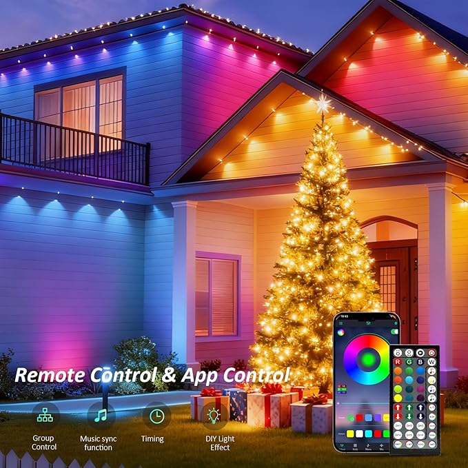 RGB Permanent Outdoor Lights 500FT LED Eaves Lights with Smart App Remote Control IP67 Waterproof Music Sync Timing Function for Christmas Party All Holiday Decorations