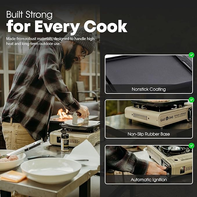 GasOne GS-3400P-KIT Propane or Butane Gas Stove with Flat Top Griddle Included – Dual Fuel Propane Grill Tent Stove Burners for Cooking for Camping Kitchen – Diecast Aluminum with Non Stick Coating